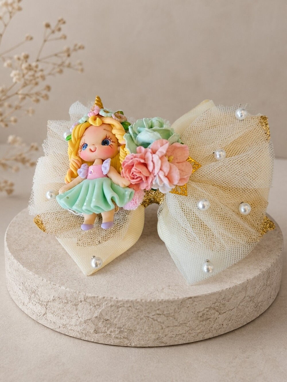 Handmade Cream Tulle Unicorn Doll Bow Hair Clip with Pastel Accents🎀✨